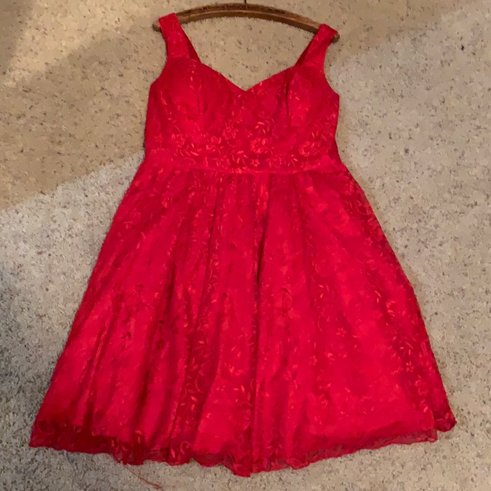 Red princess cut fit flare lace dress